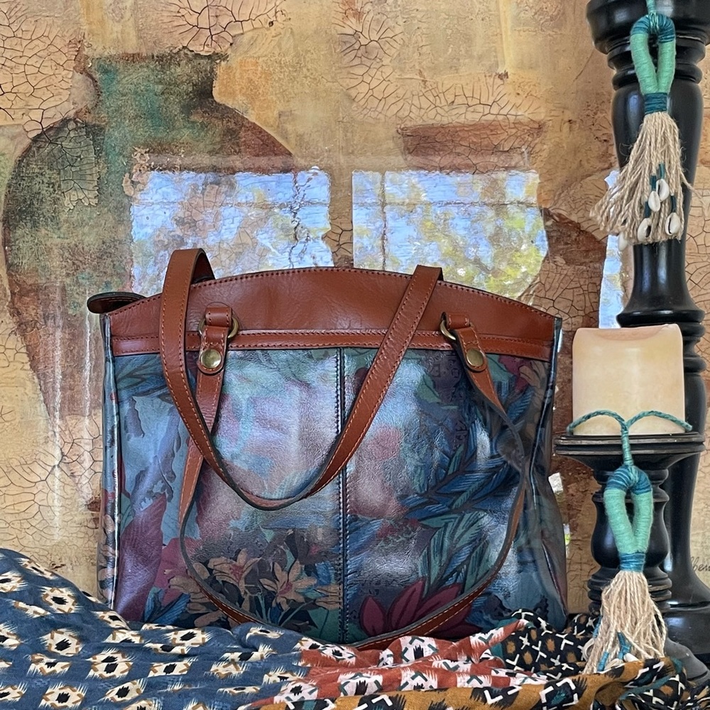 Patricia Nash Poppy Tote Blue Forest | Tropical Luxe Artsy Eclectic Dark Floral - Picture 3 of 16
